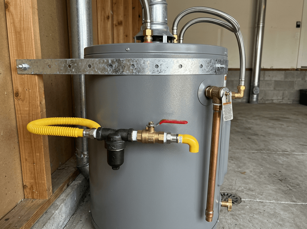 Code-compliant water heater with seismic straps, gas drip leg, shut-off valve and T&P discharge piping - Gas Shut-Off Valve Installation in Rocklin: Why Your Water Heater Needs One