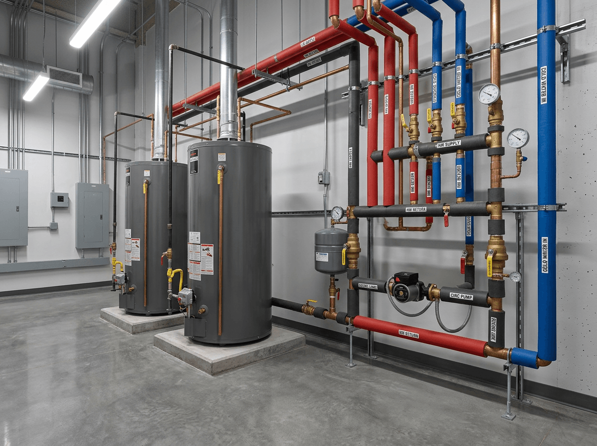 Commercial water heaters installed in a mechanical room for a Sacramento-area business