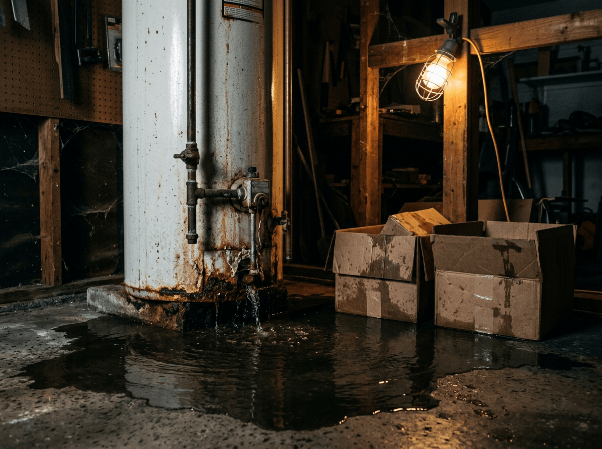 Leaking water heater flooding a garage floor, needing 24/7 emergency water heater service - Water Heater Emergency? What Counts, What to Do First, and Who to Call