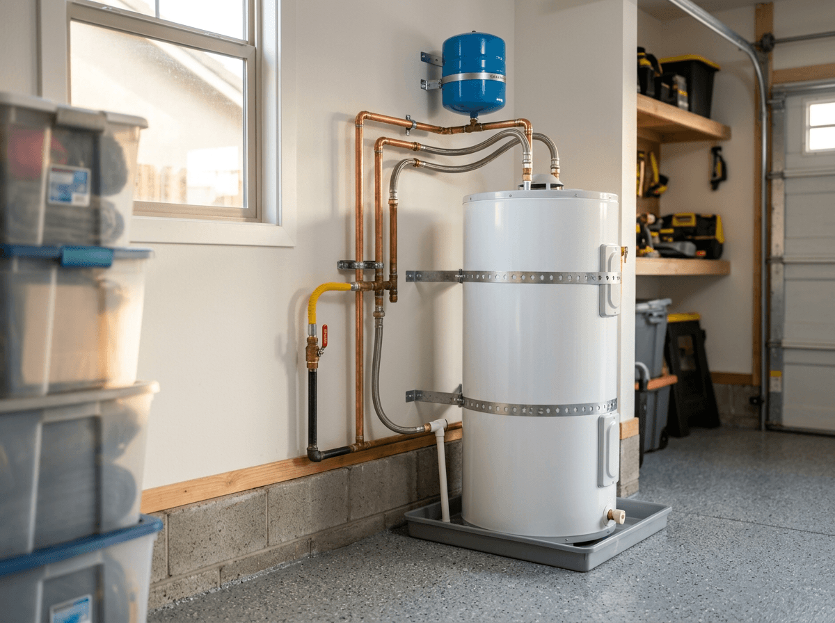 Newly installed gas tank water heater with seismic straps and expansion tank in a Roseville, CA garage