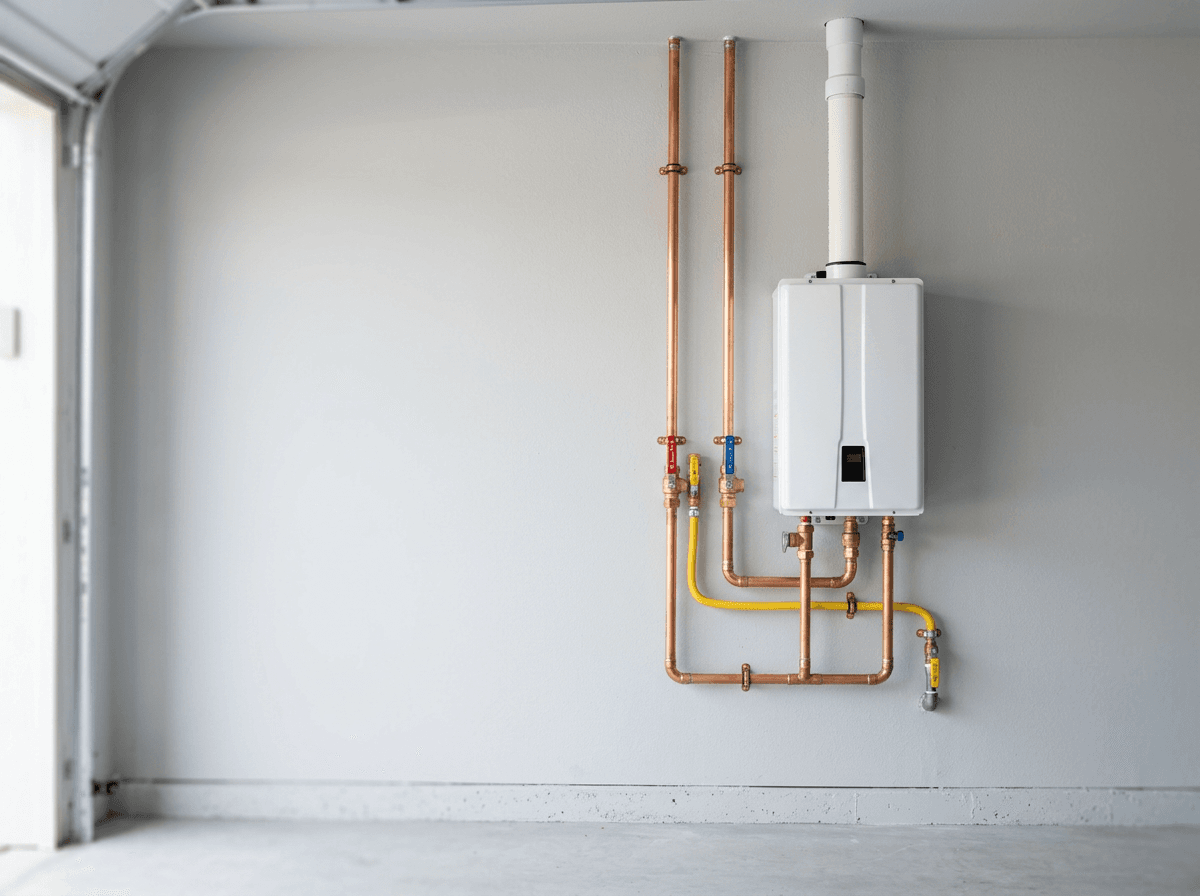 Wall-mounted tankless water heater installed with copper piping and isolation valves - Navien Tankless Special
