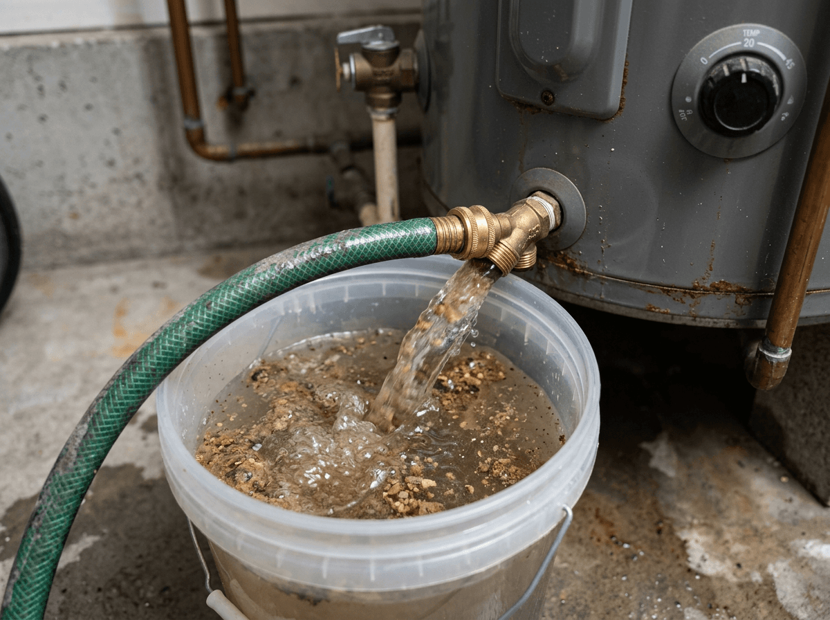 Water heater drain valve and hose flushing sediment from a tank water heater - Maintenance & Flushing
