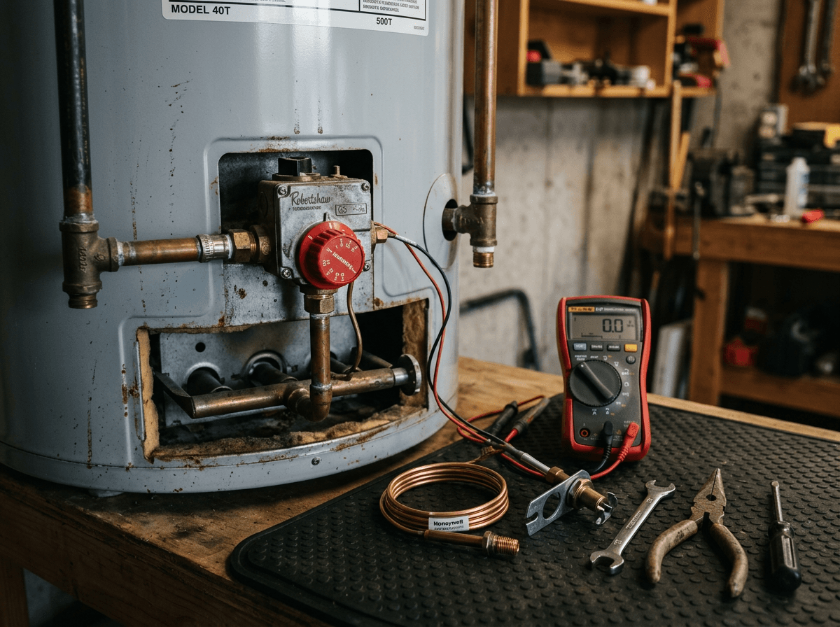 Water heater repair tools beside a gas control valve and thermocouple on a tank water heater - Water Heater Repair in Roseville: 9 Common Problems and How We Fix Them