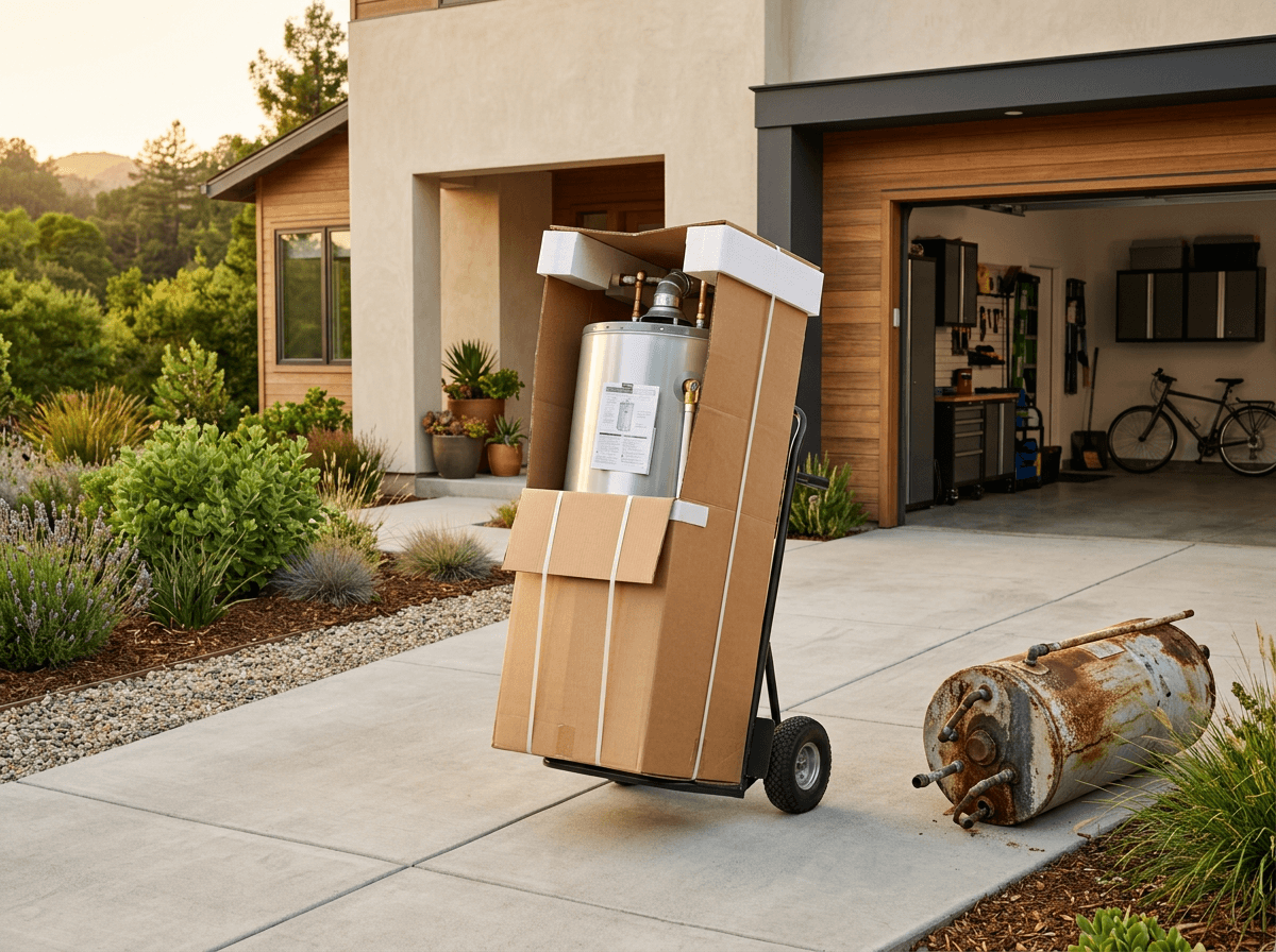 Brand-new water heater being delivered for same-day replacement in Sacramento, CA - Water Heater Replacement in Sacramento: What Happens, Step by Step