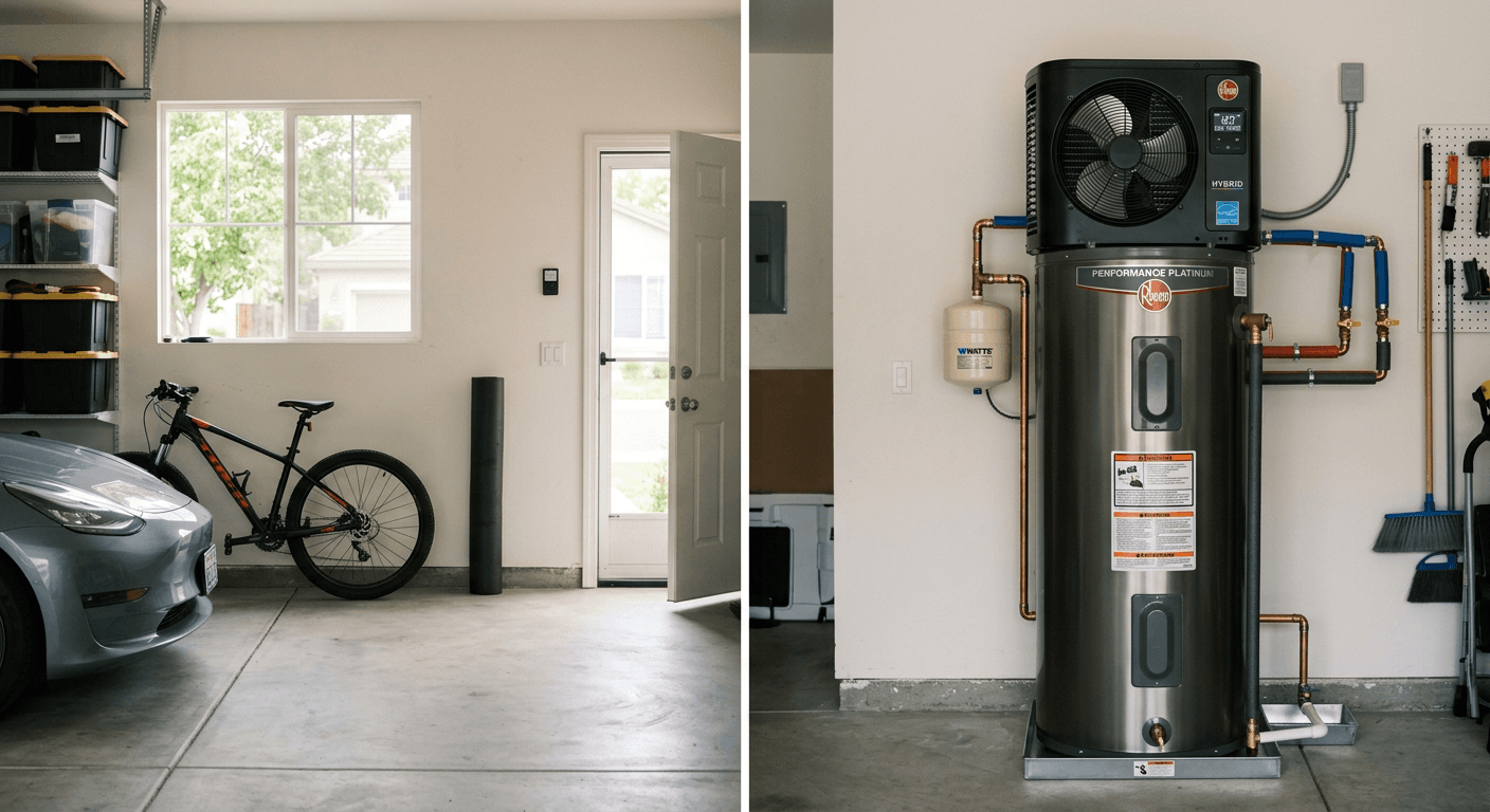 Energy-efficient heat pump water heater installed in a Placer County home garage