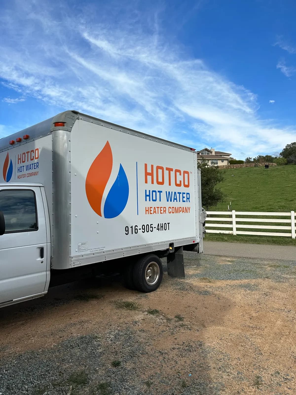 HOTCO Hot Water Heater Company box truck parked at a customer home in Placer County