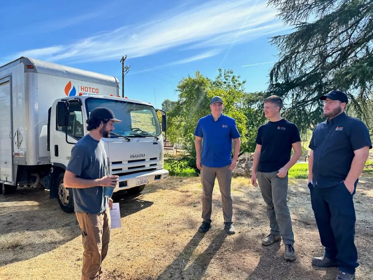 The HOTCO water heater technician team with their service trucks in Roseville, CA